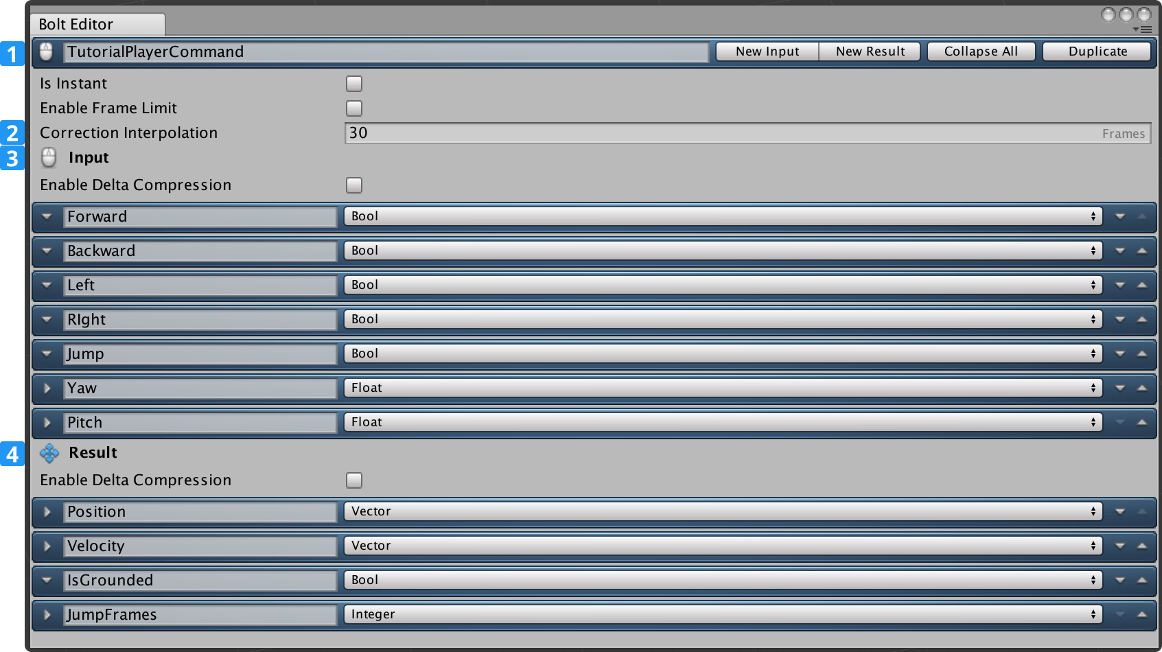 *TutorialPlayerCommand* with all Inputs and Results