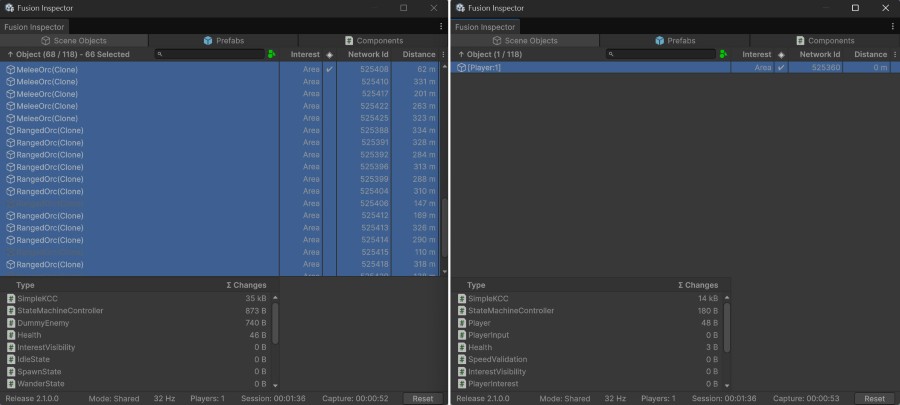 2つのFusion Inspectorインスタンスを使用して、敵NPCとプレイヤーのネットワークステートの変更を比較する