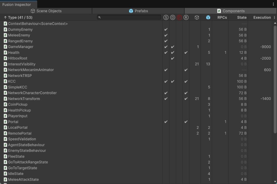 FixedUpdateNetwork()メソッドをオーバーライドしていない（赤のFアイコン）コンポーネントのリスト