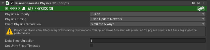 Settings for Runner Simulate Physics 3D.