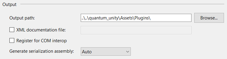 Quantumビルドパイプラインは、標準VSプロジェクト出力パスを使用します。 ここでパスを変更して、生成されたDLLをカスタムの場所に送信してください。
