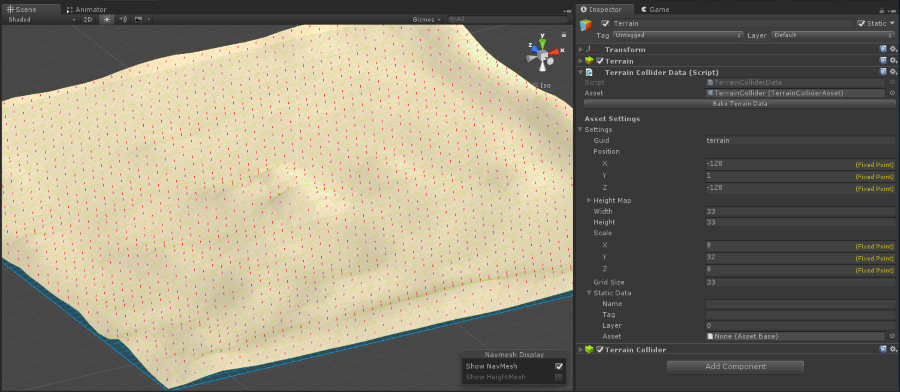 Unity Terrainを静的な三角形Quantum 3D Physicsとしてエクスポートするには、quantum TerrainColliderDataエディターコンポーネントを追加してベイクを押します。 3Dメッシュの場合、StaticMeshCollider3Dコンポーネントを使用します。