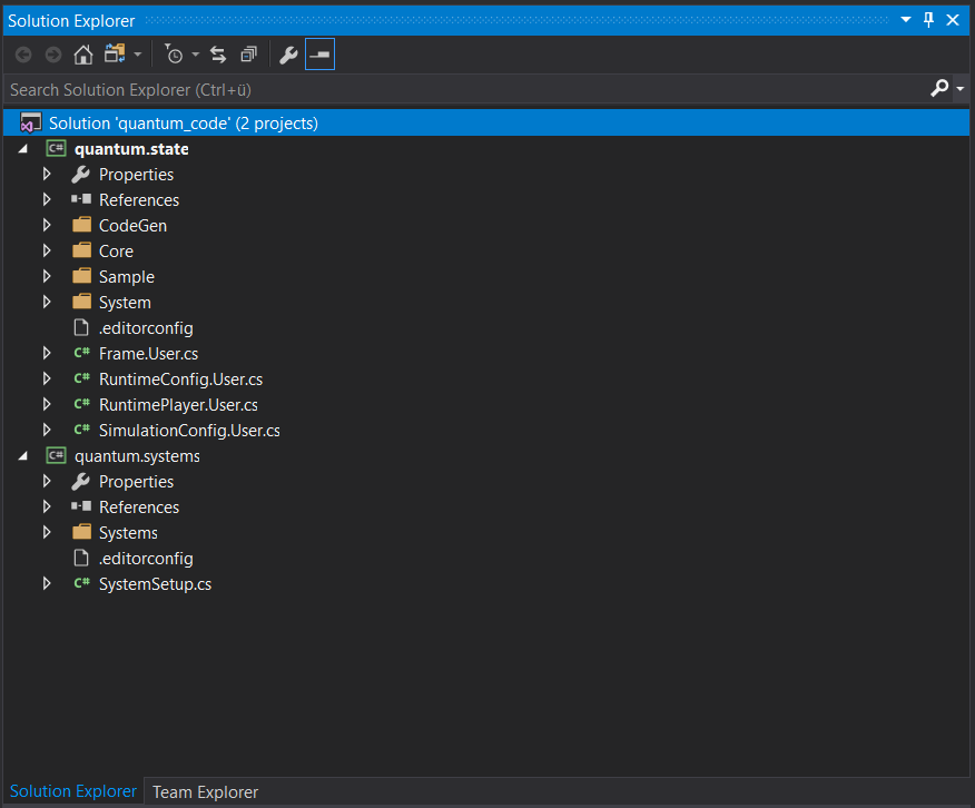 Quantum Visual Studio Solution quantum.code 2つのプロジェクトを含むVisual Studioソリューション：ゲーム状態データ用のquantum.stateとゲームロジック用のquantum.systems。