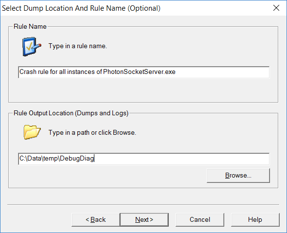 Select Dump Location And Rule Name