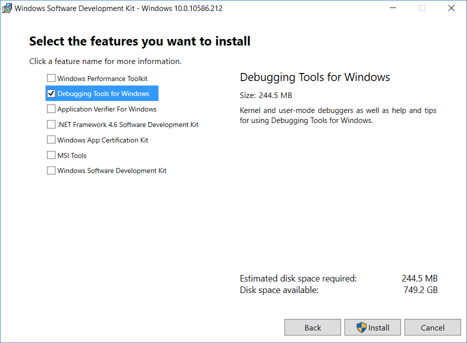 Installing WinDBG for Windows 10